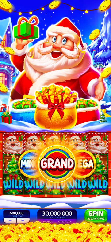 Máquina tragaperras temática navideña de Jackpot Casino Slots Party con Papá Noel y una victoria de Gran Jackpot.