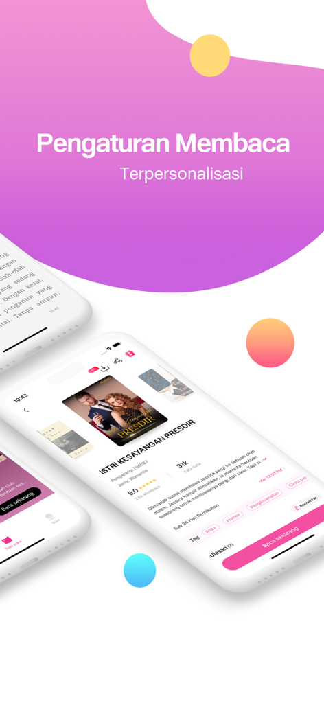 Pobaca-Ambil Nafasku Pergi - Pobaca app screen showing personalized reading settings and book details for an Indonesian romance novel.