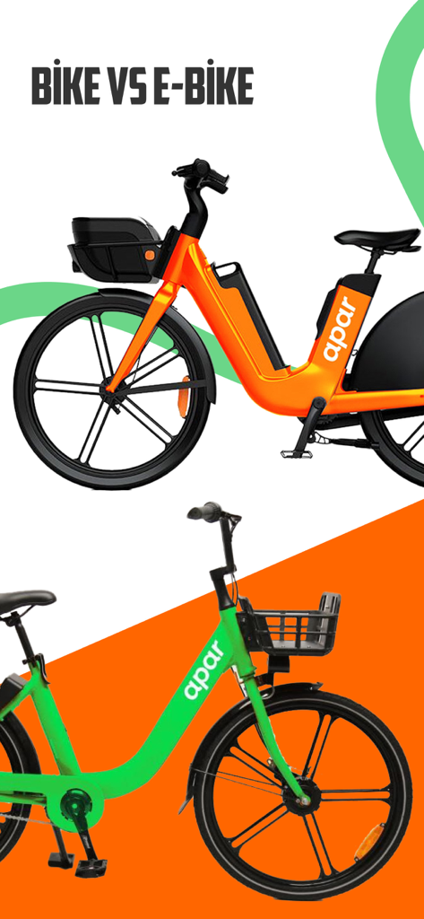 Apar - Eco-Transport Solution - A comparison between an orange electric bike and a green traditional bike from the Apar app