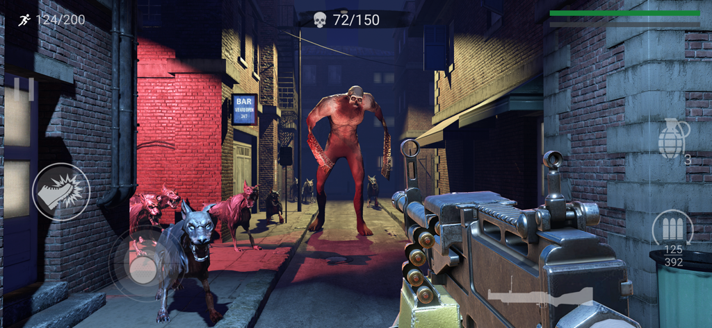 First person perspective of a heavy machine gun aiming at a giant zombie and mutant dogs in an alley