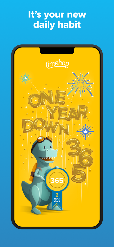 Timehop app screen celebrating a 365 day streak with Abe the Dinosaur mascot