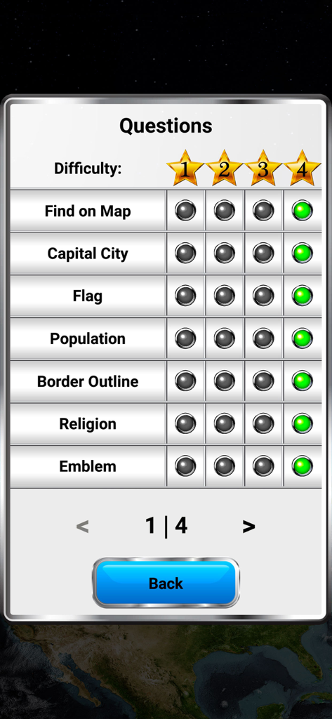 World Geography quiz app showing difficulty settings and question categories like flags and population