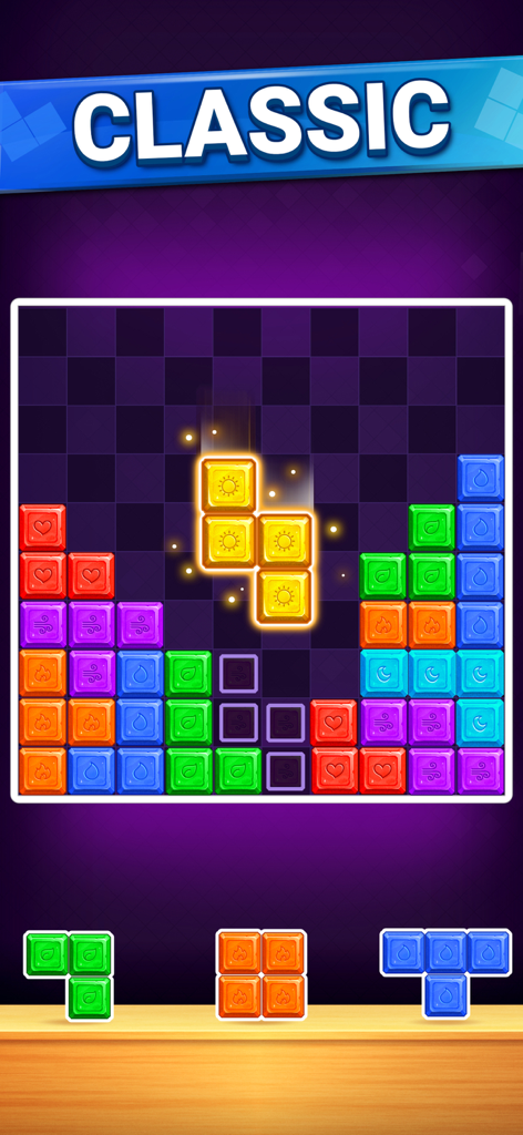 Captura de tela da jogabilidade do modo Clássico em Block Puzzles Hexa, apresentando blocos quadrados coloridos em uma grade.