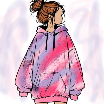 realistic girl with a oversized sweatshirt on and a bun