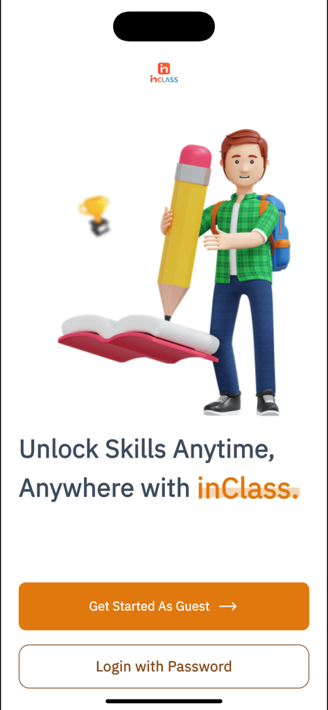 InClass KW - Welcome screen of the inClass educational app showing a 3D student character with a giant pencil and login buttons.
