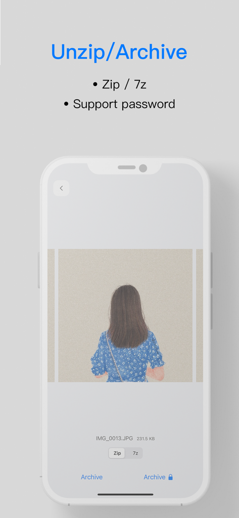 Interface of Toolbox by Paperclip app showing Unzip and Archive features for Zip and 7z files with password support.