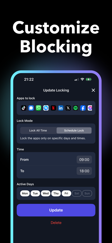 Un écran mobile montrant la fonction de blocage d'applications programmé pour définir des heures et des jours spécifiques pour le verrouillage des applications de médias sociaux