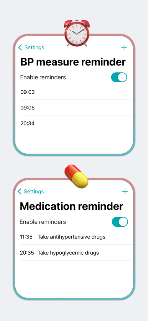 KeepBP - blood pressure app - KeepBP app settings for blood pressure measurement reminders and medication alerts