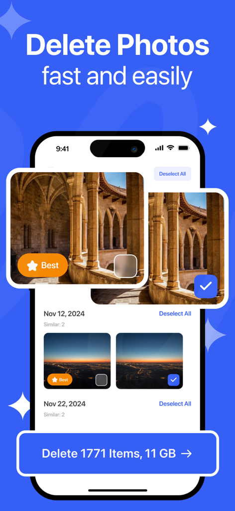 Freshify - Phone Cleaner - freshify app interface showing the duplicate photo deletion feature to free up phone storage