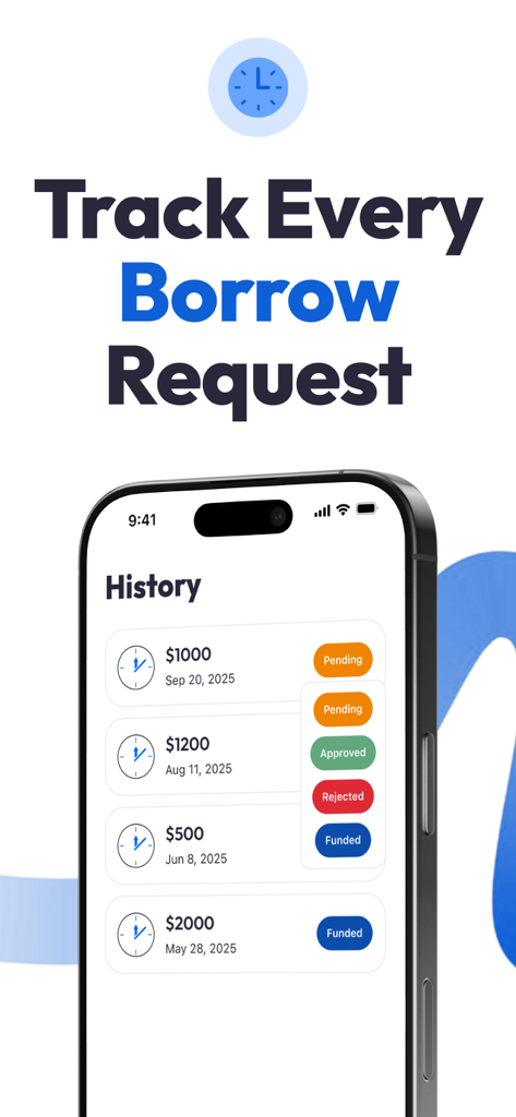 Akaly mobile app history screen showing borrow request tracking with statuses like pending and approved