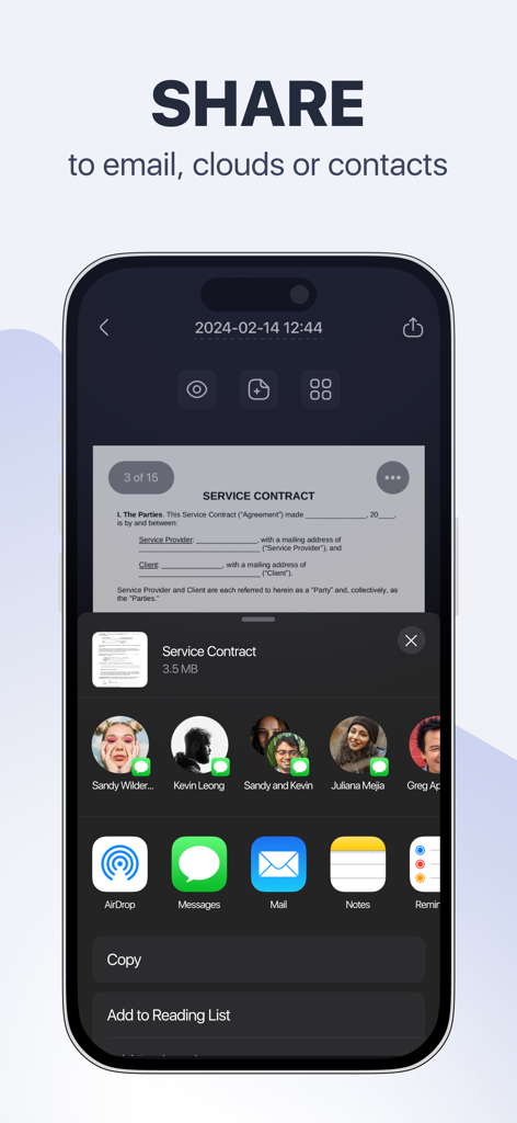 Scan Pro PDF: Document Scanner - Interface showing how to share a scanned PDF service contract using Scan Pro PDF app.