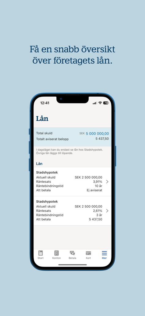 Tela de visão geral de empréstimos empresariais no aplicativo móvel Handelsbanken SE Företag