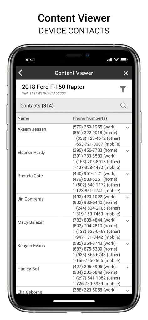 iVe-Mobile - Interface of iVe-Mobile showing contact data recovered from a 2018 Ford F-150 Raptor.