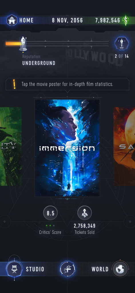 The Artman - Home screen of The Artman mobile game showing movie statistics for a film titled Immersion with reputation and budget details