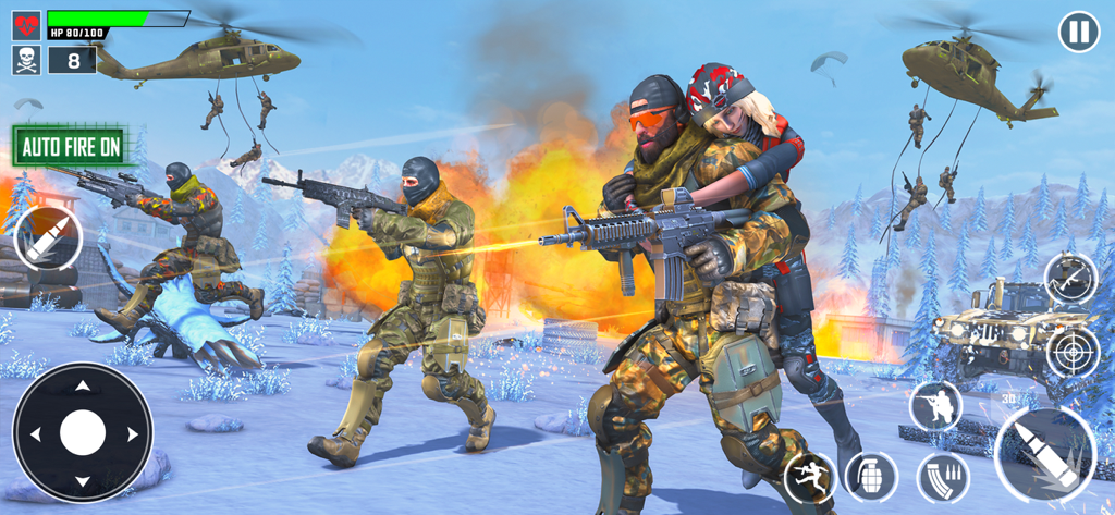 Trigger Fist Gun Shooting Game - Commandos in a snow battlefield with helicopters and explosions in Trigger Fist Gun Shooting Game