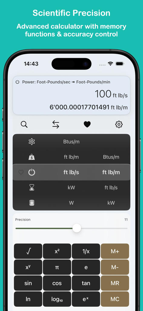 Measures Unit Converter - Interface of the Measures Unit Converter app featuring an advanced scientific calculator and a precision slider for power unit conversions.