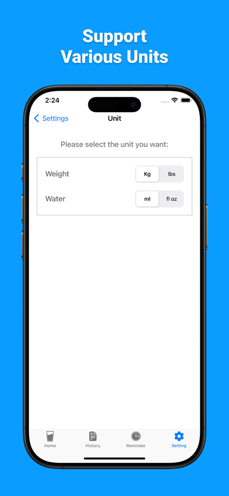 Drink Water Tracker N Reminder - Tela de configurações no aplicativo Drink Water Tracker para selecionar unidades de medida de peso e água