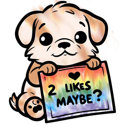 a puppy holding a sign that says 2 likes maybe?