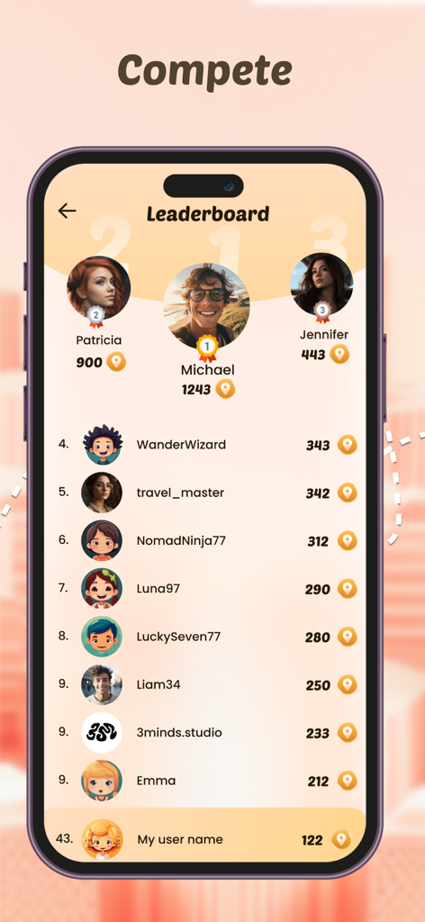 Leaderboard screen in the Where Am I GeoGuess Game showing player rankings and scores
