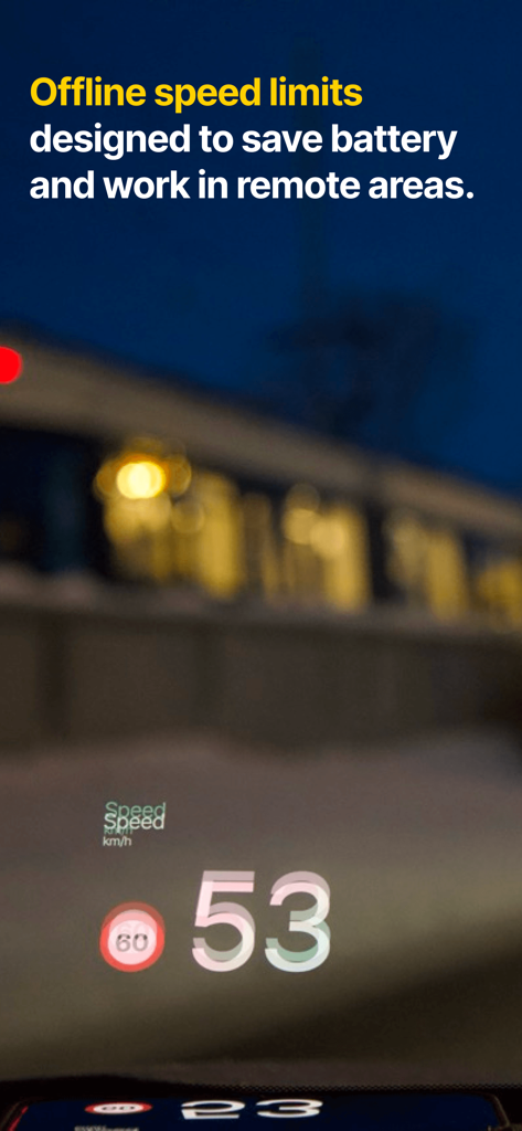 NordHUD - Heads-Up Display - NordHUD app projecting current speed and offline speed limit on a car windshield at night