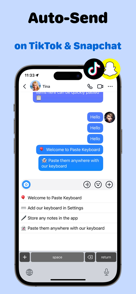 Copy Paste Keyboard: Auto Text - Pantalla de iPhone que muestra la función de envío automático de texto para TikTok y Snapchat usando Paste Keyboard