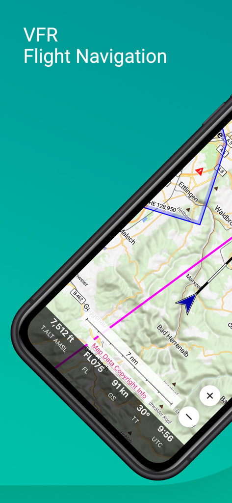 Ein Smartphone-Bildschirm zeigt die Enroute-Flugnavigations-App mit einer VFR-Moving-Map und Flugdaten.