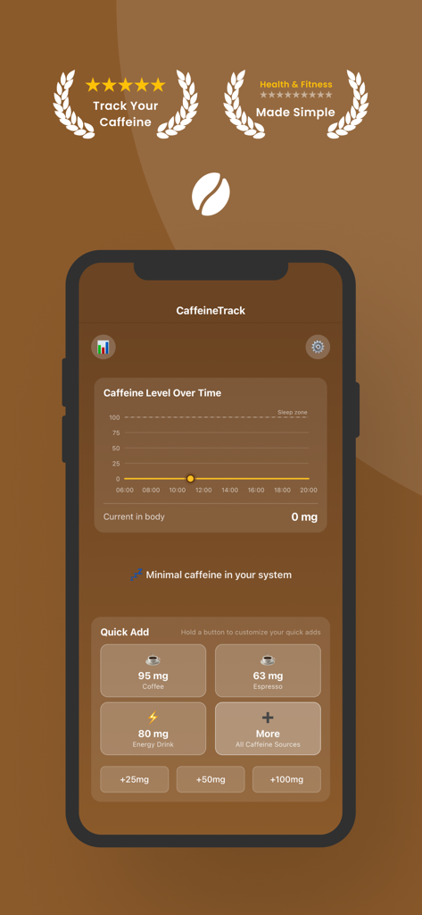 CaffeineTrack – Sleep Better - The CaffeineTrack app main screen displaying a chart of caffeine levels over time and quick add buttons for logging coffee and energy drinks