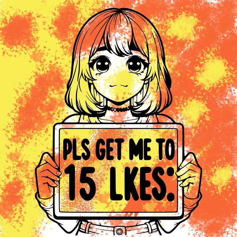 realistic girl holding up a sign that says “pls get me to 15 likes!”