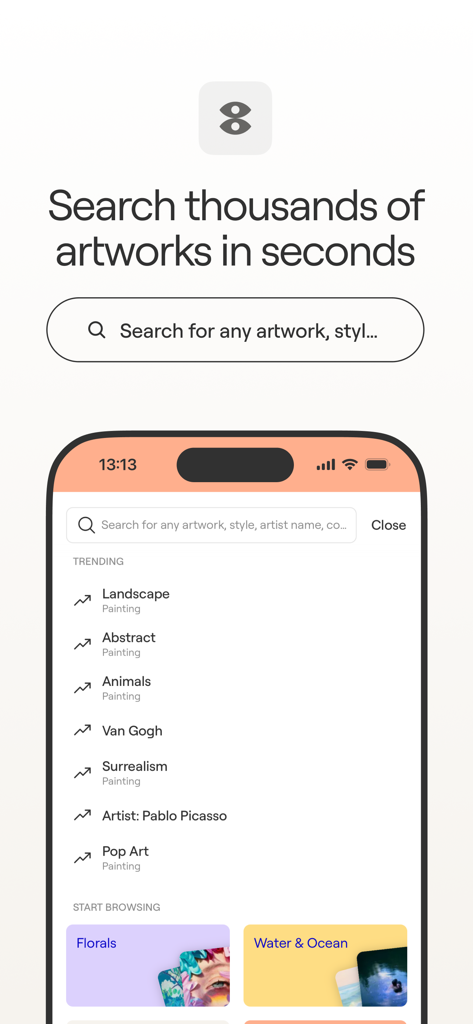 Singulart: Buy Original Art - Interfaz de la app móvil Singulart mostrando una barra de búsqueda y una lista de categorías de arte populares, incluyendo Paisaje, Abstracto y Pop Art.