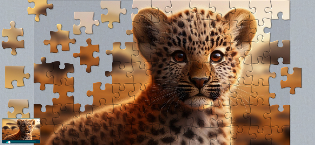 Cool Jigsaw Puzzle HD - A digital jigsaw puzzle game screen featuring an image of a leopard cub with pieces scattered across the board