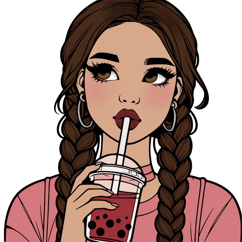 realistic girl with braided hair drinking boba