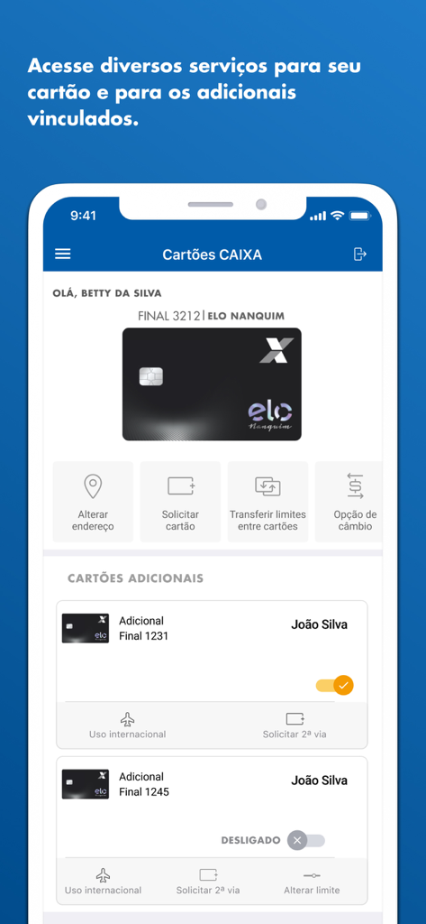 Cartões CAIXA - Schnittstelle der mobilen App Cartões CAIXA, die die Kreditkartenverwaltung und zusätzliche Karten für Benutzer zeigt.