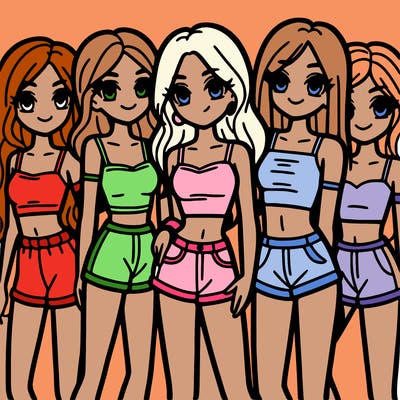 a group of girls wearing crop tops and shorts