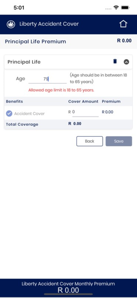 Liberty Funeral and Risk Cover - Liberty Accident Cover app interface showing an age limit validation error in the premium calculator