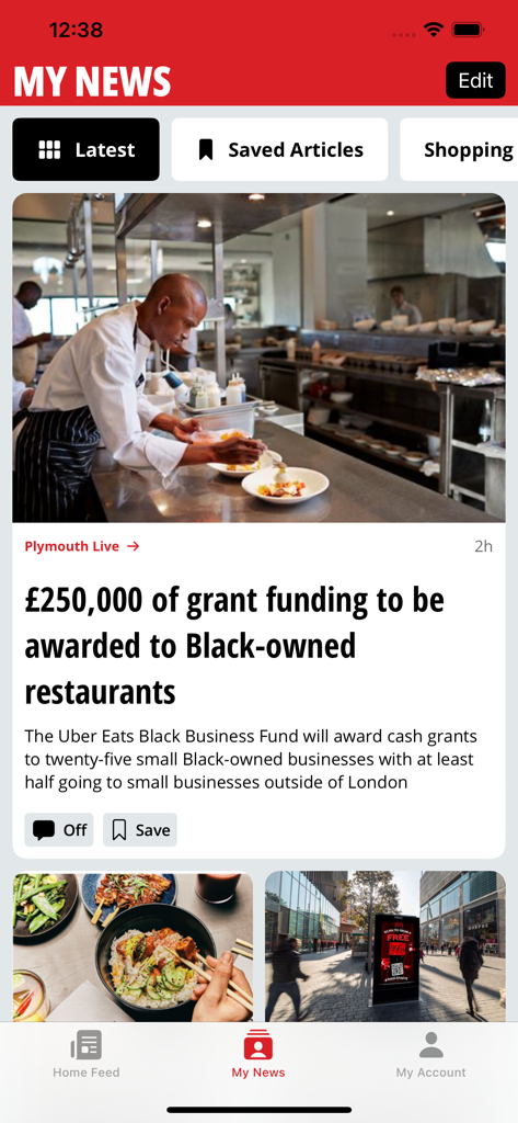 Plymouth Live - La sección personalizada 'Mis Noticias' de la aplicación Plymouth Live mostrando un artículo de noticias locales sobre financiación de restaurantes.