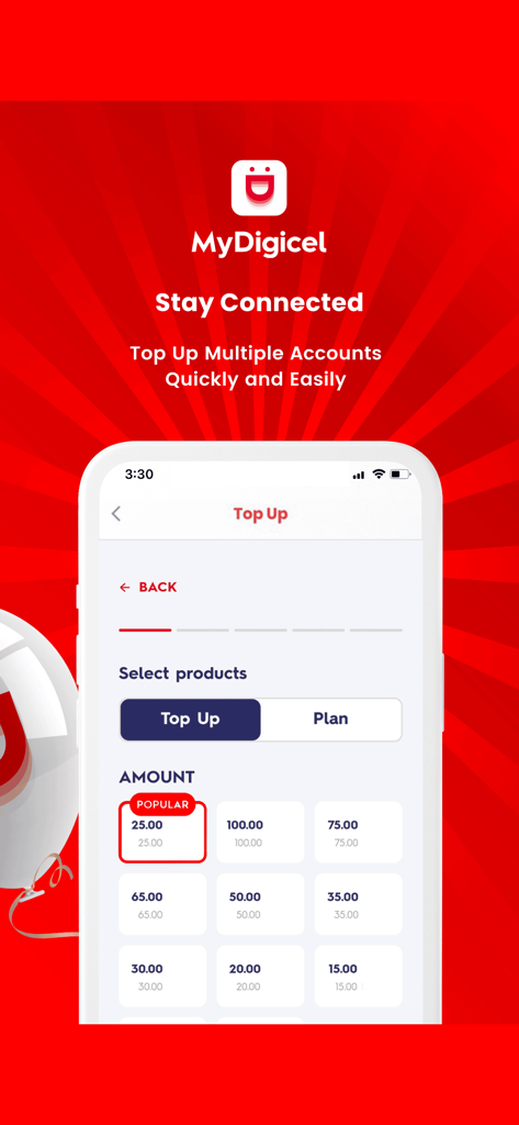 MyDigicel - MyDigicel mobile app interface for topping up credit with various price options