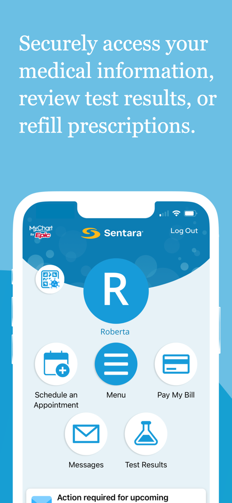 Sentara MyChart app home screen for a user named Roberta showing medical management features