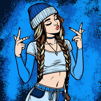 realistic teenage girl with braids and a beanie and crop top doing 🫶🏼