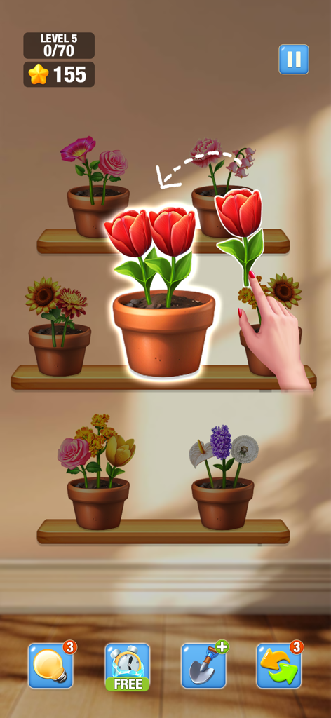 Blossom Match: Sorting Games - A hand matching red tulips in a virtual flower sorting puzzle game on wooden shelves