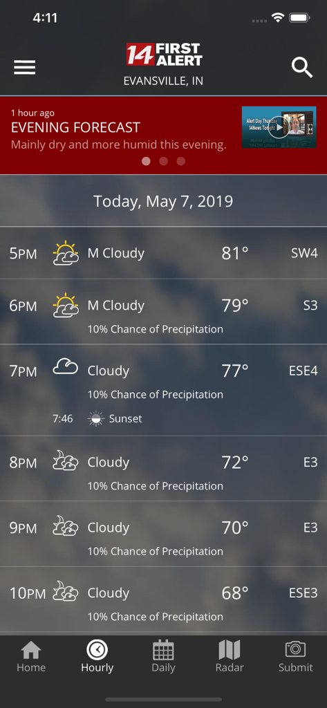 Hourly weather forecast screen for Evansville Indiana on the 14FirstAlert app