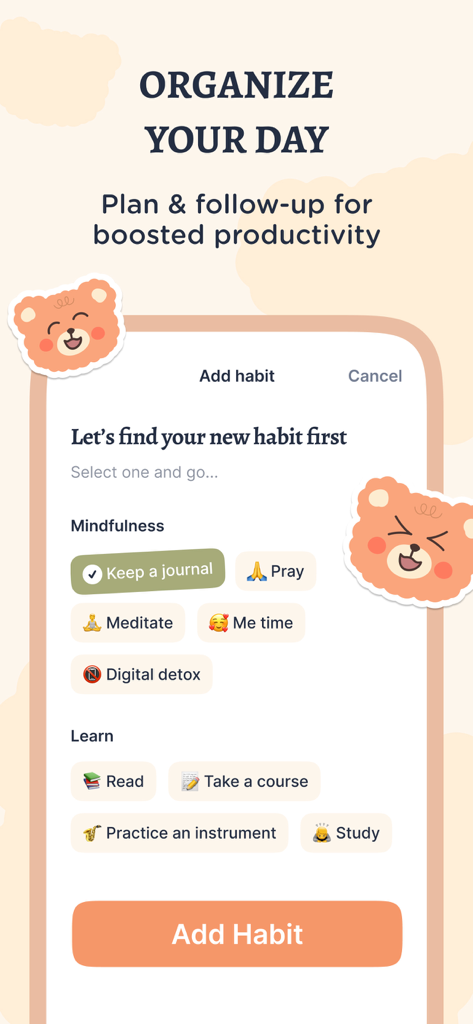 TeddyCare: Daily Routine Plan - 一日を整理するためのマインドフルネスと学習習慣を選択するためのTeddyCareアプリインターフェース。