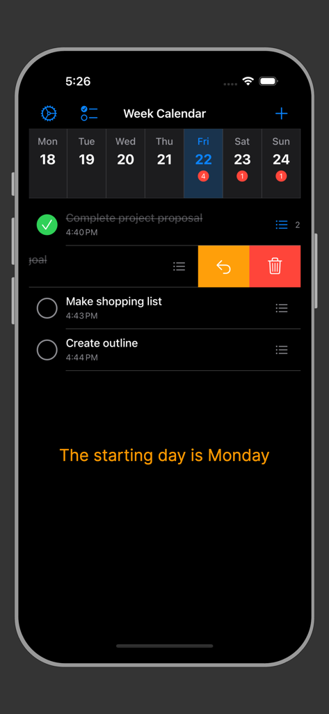 Mobile app interface showing a dark mode weekly task list with options for subtasks and schedule management.