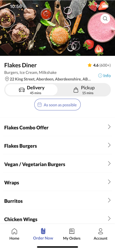 Flakes Diner - Interface do aplicativo móvel Flakes Diner mostrando categorias de menu e opções de entrega