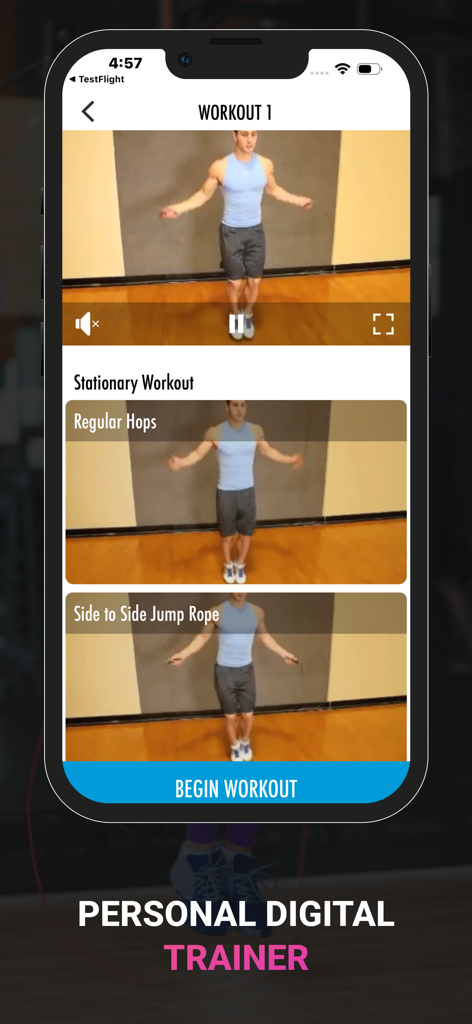 Jump Rope Workouts & Routines - Pantalla de la aplicación de entrenamiento con saltar la cuerda con videos instructivos para ejercicios estacionarios como saltos regulares.