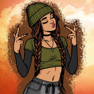 realistic teenage girl with braids and a beanie and crop top doing 🫶🏼