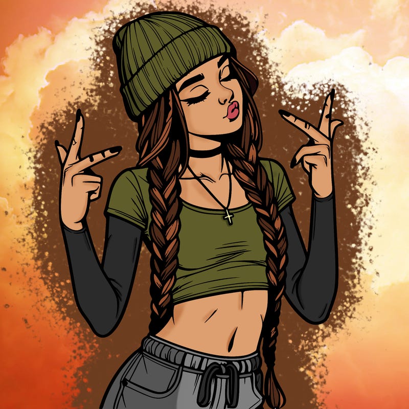 realistic teenage girl with braids and a beanie and crop top doing 🫶🏼