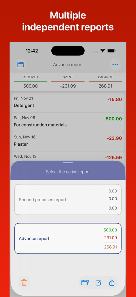 Eine mobile Benutzeroberfläche, die die Auswahl mehrerer unabhängiger Spesenabrechnungen für verschiedene Projekte zeigt