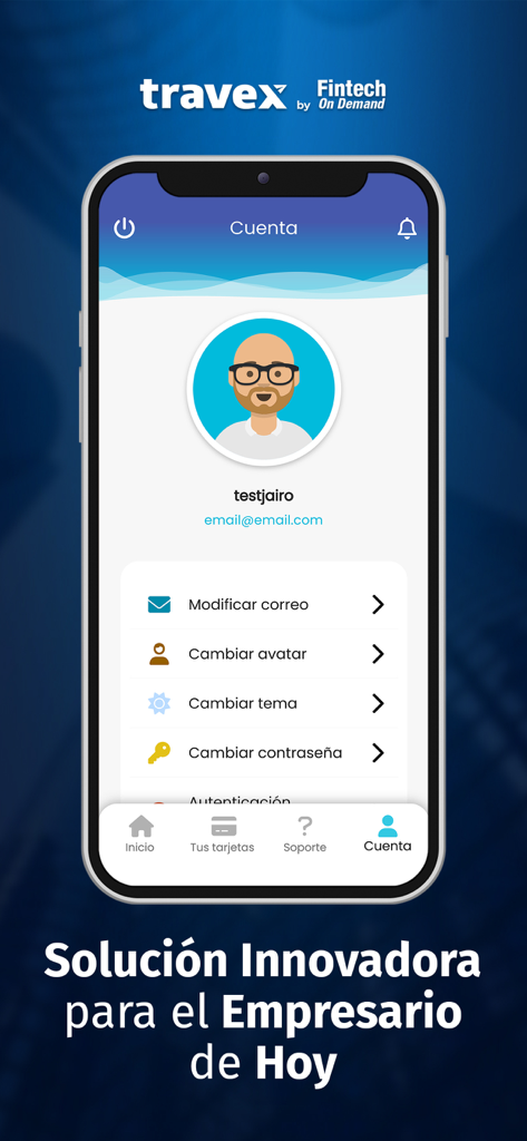 Travex - Travex mobile app account screen showing user profile information and management settings.
