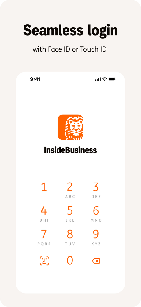 ING InsideBusiness - ING InsideBusiness app login screen featuring biometric authentication and numeric keypad