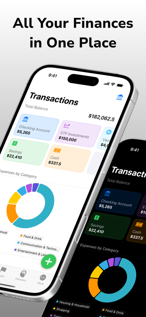 Profiro: FIRE & Budget Planner - Profiro app dashboard displaying total net worth, account balances for savings and investments, and expense breakdown in light and dark modes.
